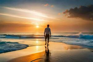 homme en marchant sur le plage à le coucher du soleil. généré par ai photo