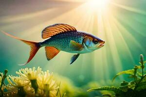 poisson dans le l'eau avec Soleil brillant. généré par ai photo