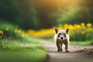 une petit chien en marchant vers le bas une saleté route. généré par ai photo