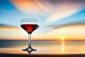 une verre de du vin sur une table avec le le coucher du soleil dans le Contexte. généré par ai photo