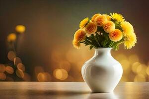 une vase avec Jaune fleurs sur une tableau. généré par ai photo