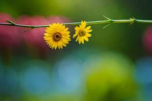 deux Jaune fleurs sur une branche avec flou Contexte. généré par ai photo