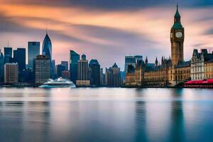 le gros ben l'horloge la tour et le ville horizon à le coucher du soleil. généré par ai photo