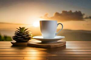 une tasse de café sur une en bois table avec une pin cône. généré par ai photo