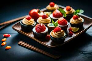 petits gâteaux avec des fraises et des noisettes sur une en bois plateau. généré par ai photo