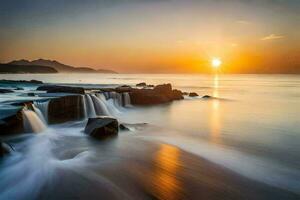 une magnifique le coucher du soleil plus de le océan avec rochers et l'eau. généré par ai photo