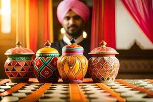 une homme dans une turban est permanent dans de face de coloré vases. généré par ai photo
