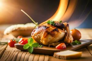 grillé poulet sur une en bois assiette avec tomates et pain. généré par ai photo