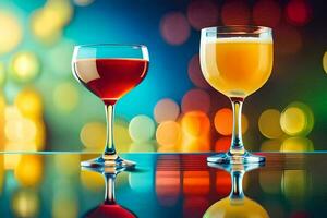 deux des lunettes de du vin et jus sur une table avec coloré lumières. généré par ai photo