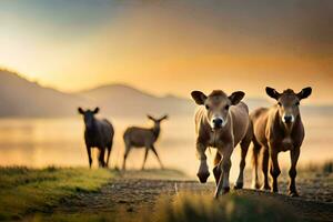 bétail en marchant sur une route à le coucher du soleil. généré par ai photo