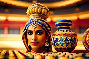 une femme dans traditionnel Indien robe est séance suivant à une pot. généré par ai photo