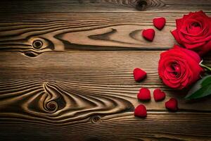 rouge des roses sur une en bois Contexte. généré par ai photo