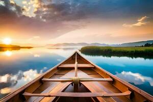 le bateau est sur le l'eau à le coucher du soleil. généré par ai photo