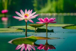 deux rose lotus fleurs sont réfléchi dans le l'eau. généré par ai photo