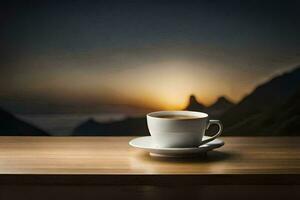 une tasse de café sur une table dans de face de une magnifique le coucher du soleil. généré par ai photo