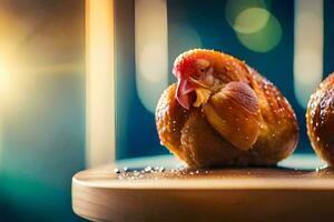 deux poulets séance sur Haut de une en bois tableau. généré par ai photo