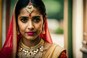 une magnifique Indien femme portant une rouge sari et bijoux. généré par ai photo