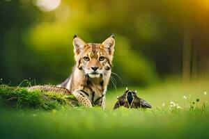 une Lynx est séance sur le herbe avec une oiseau. généré par ai photo