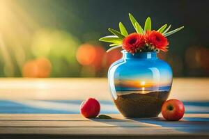 une vase avec fleurs et pommes sur une tableau. généré par ai photo