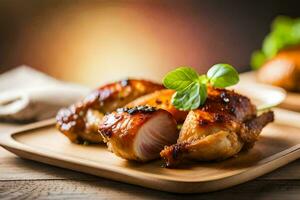 poulet sur une en bois assiette avec herbes. généré par ai photo