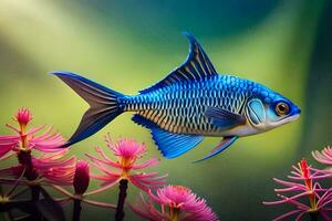 une bleu poisson nager dans de face de rose fleurs. généré par ai photo