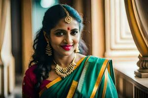 une magnifique Indien la mariée dans une vert sari. généré par ai photo