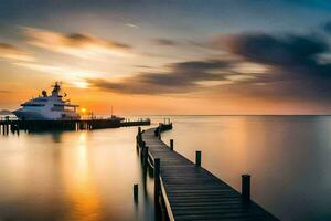 une yacht amarré à le fin de une Dock à le coucher du soleil. généré par ai photo