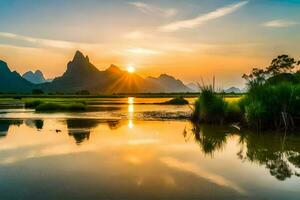 le Soleil monte plus de une Montagne intervalle dans Chine. généré par ai photo