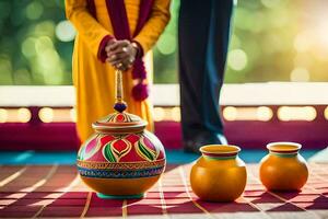 une homme et femme dans traditionnel Indien Vêtements sont en portant marmites. généré par ai photo