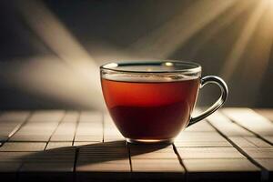 une tasse de thé sur une en bois tableau. généré par ai photo