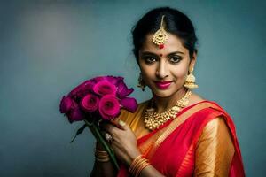 une magnifique Indien femme dans une rouge sari avec une bouquet de fleurs. généré par ai photo