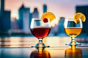 deux des lunettes de de l'alcool avec une ville horizon dans le Contexte. généré par ai photo