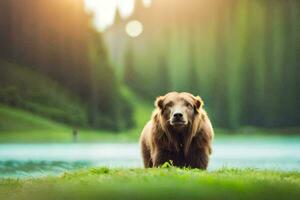 une marron ours est permanent dans le herbe près une lac. généré par ai photo