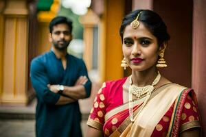 une femme dans traditionnel sari permanent suivant à une homme dans une costume. généré par ai photo