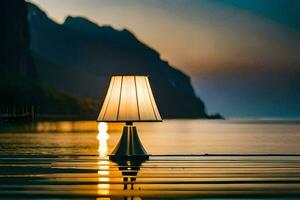 une lampe séance sur le bord de une Lac à le coucher du soleil. généré par ai photo