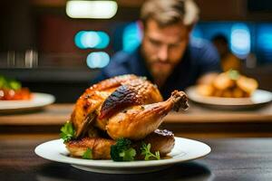 une homme est séance à une table avec une rôti poulet. généré par ai photo