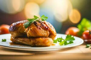 une assiette avec poulet et des légumes sur il. généré par ai photo