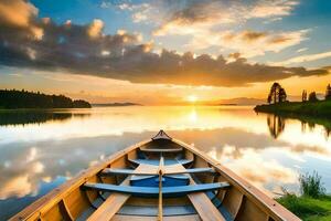 le bateau est sur le Lac à le coucher du soleil. généré par ai photo