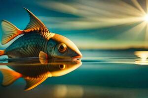 une poisson est réfléchi dans le l'eau à le coucher du soleil. généré par ai photo