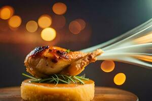 une poulet est étant cuit sur une assiette avec une fourchette. généré par ai photo