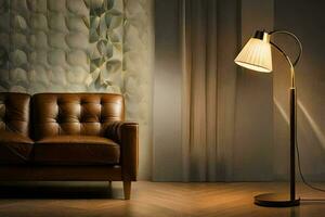 une moderne lampe dans une pièce avec une cuir canapé. généré par ai photo