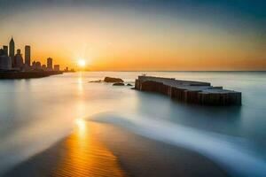 le Soleil ensembles plus de le ville horizon dans Chicago. généré par ai photo