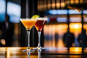 deux des cocktails asseoir sur une bar avec une flou Contexte. généré par ai photo