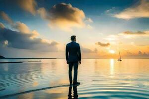 une homme dans une costume des stands sur le bord de le océan à le coucher du soleil. généré par ai photo