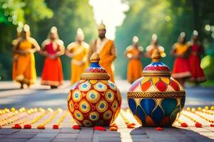 deux coloré des vases avec gens dans traditionnel déguisements. généré par ai photo