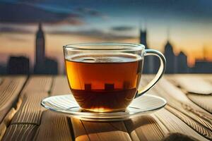 une tasse de thé sur une en bois table avec une paysage urbain dans le Contexte. généré par ai photo