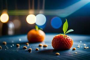 deux des fraises sur une table avec une lumière Contexte. généré par ai photo