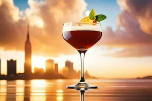 cocktail dans une verre avec ville horizon dans le Contexte. généré par ai photo