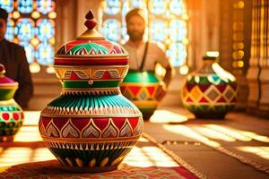 une groupe de coloré des vases séance sur une tapis. généré par ai photo