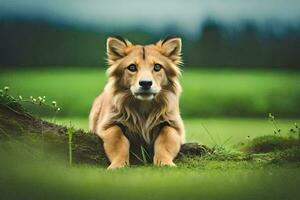 une chien séance sur une herbeux champ. généré par ai photo